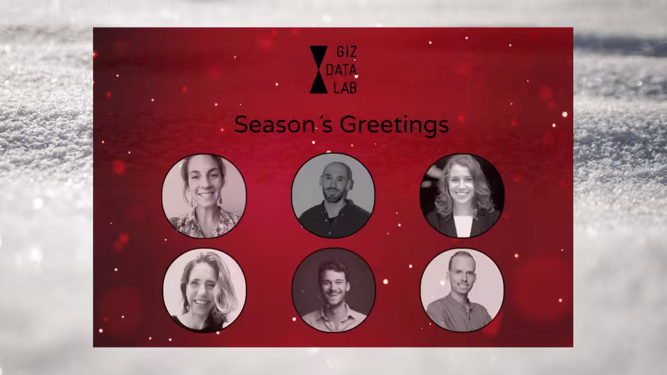 Digital Christmas Card with snowy background. The card shows the GIZ Data Lab logo above the text "Season's Greetings" with 6 circular profile pictures below.