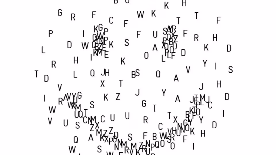A smiley face formed from scattered letters of the alphabet