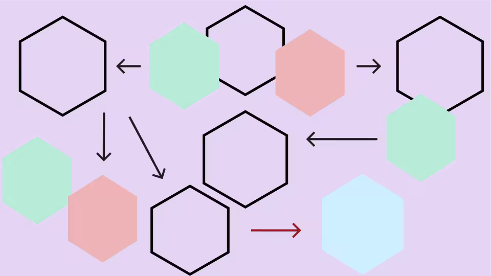 Abstrakte Illustration mit einem Netzwerk aus Sechsecken in Lila, Mintgrün, Rosa und Hellblau, verbunden durch Pfeile, die einen Daten- und Entscheidungsfluss symbolisieren.