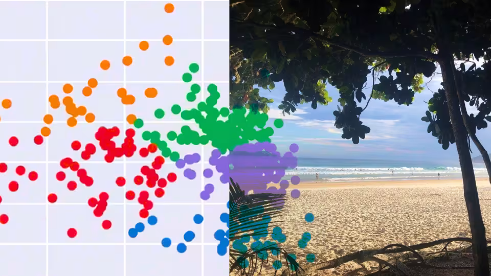 Split image: colorful data scatter plot blending into a photo of a tropical beach under trees.