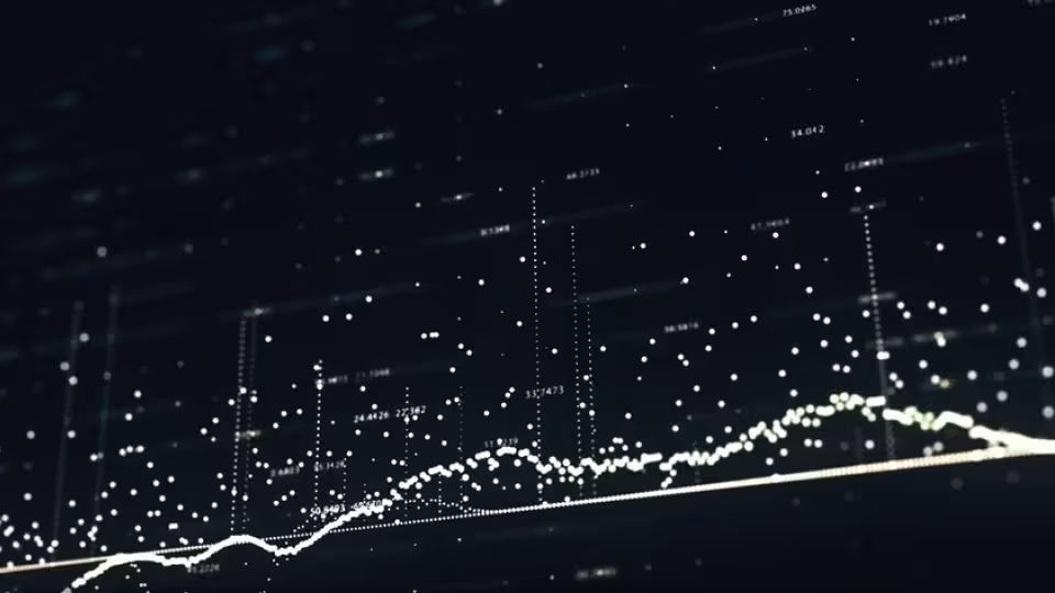 Dark data dashboard with scattered white points and rising trend line