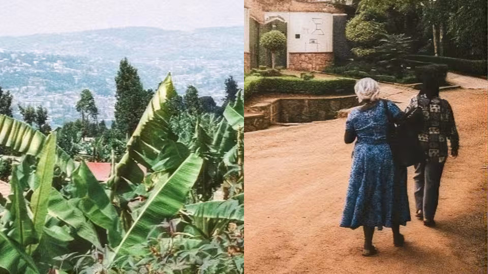 Split image showing lush green banana foliage overlooking a city on the left, and two women walking down a dirt path on the right.