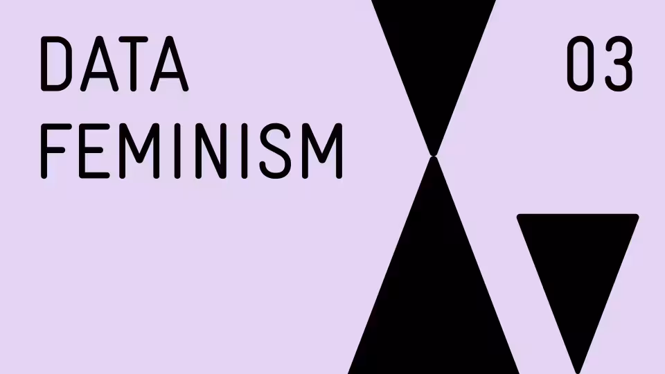 Light purple graphic with black text reading "DATA FEMINISM" on the left, the number "03" in the upper right, and geometric black triangles.