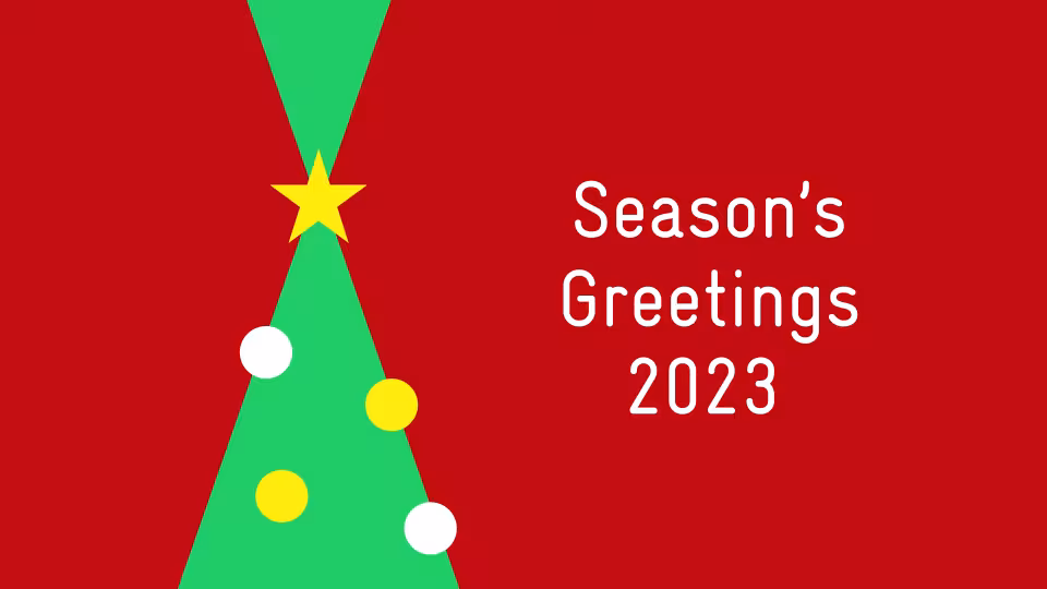 A minimalist Christmas graphic with a stylized green tree and star on a red background. To the right, white text reads 'Season's Greetings 2023'.