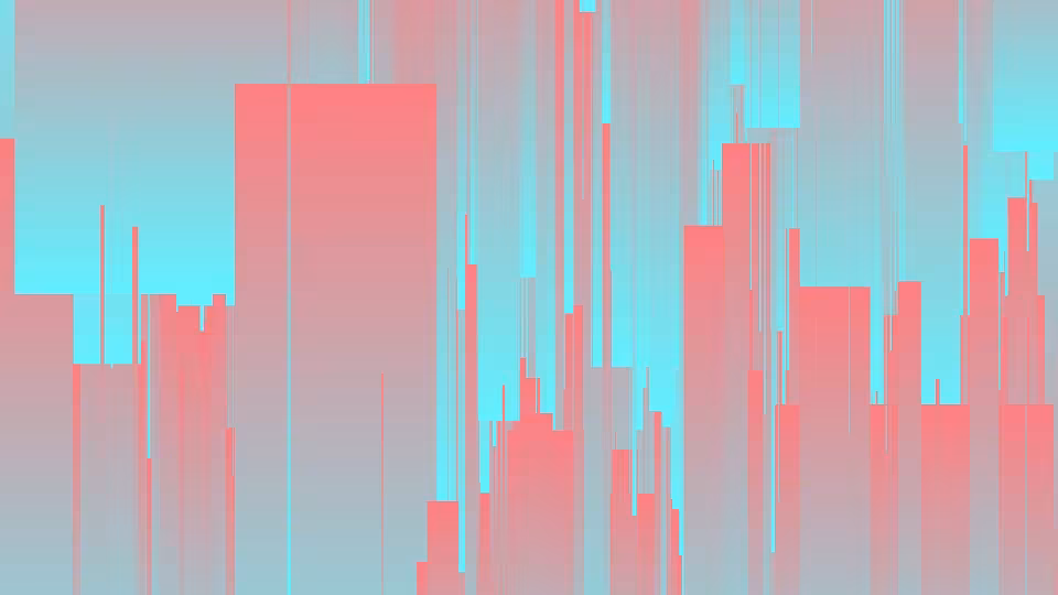 An abstract geometric composition featuring vertical coral pink lines and blocks against a gradient turquoise background.
