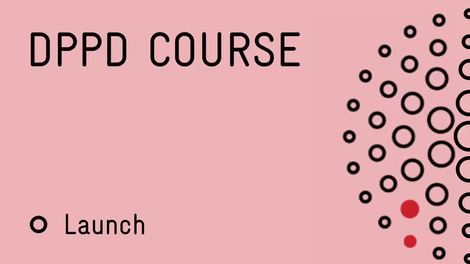 Graphic titled "DPPD COURSE" in bold black text on a pink background, with a location pin icon and "Launch" in the lower-left corner, and a pattern of black and red circles on the right side.