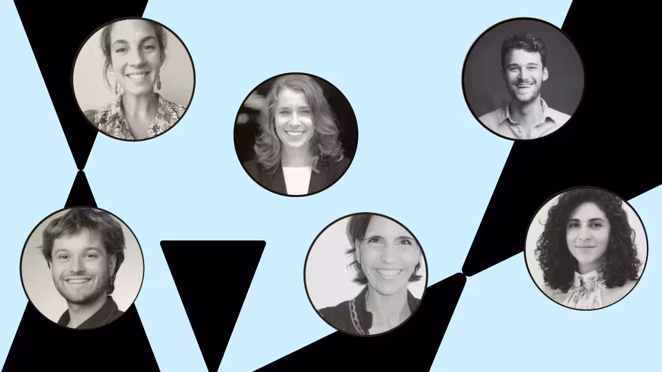 An abstract geometric graphic on a light-blue background with six black-and-white portraits of smiling diverse people in circular frames.