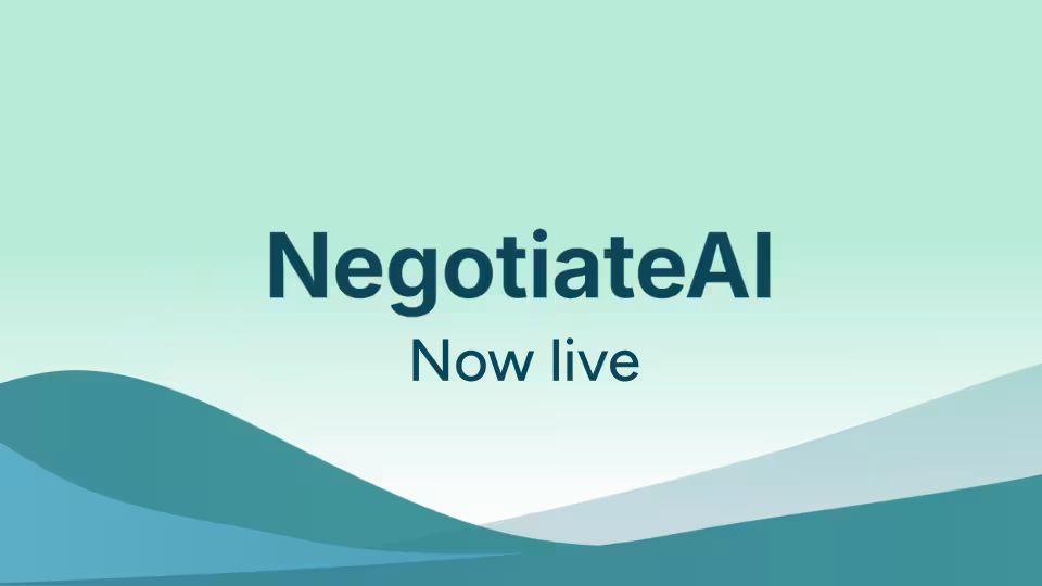 A light green graphic featuring the text "NegotiateAI" above "Now live" in dark blue, with abstract blue and teal wave patterns along the bottom.