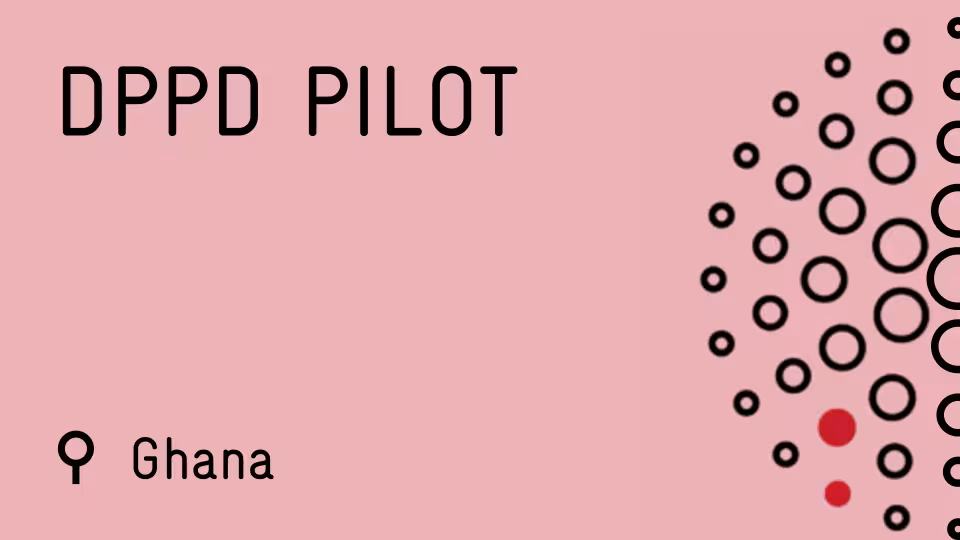 Graphic titled "DPPD PILOT" in bold black text on a pink background, with a location pin icon and "Ghana" in the lower-left corner, and a pattern of black and red circles on the right side.