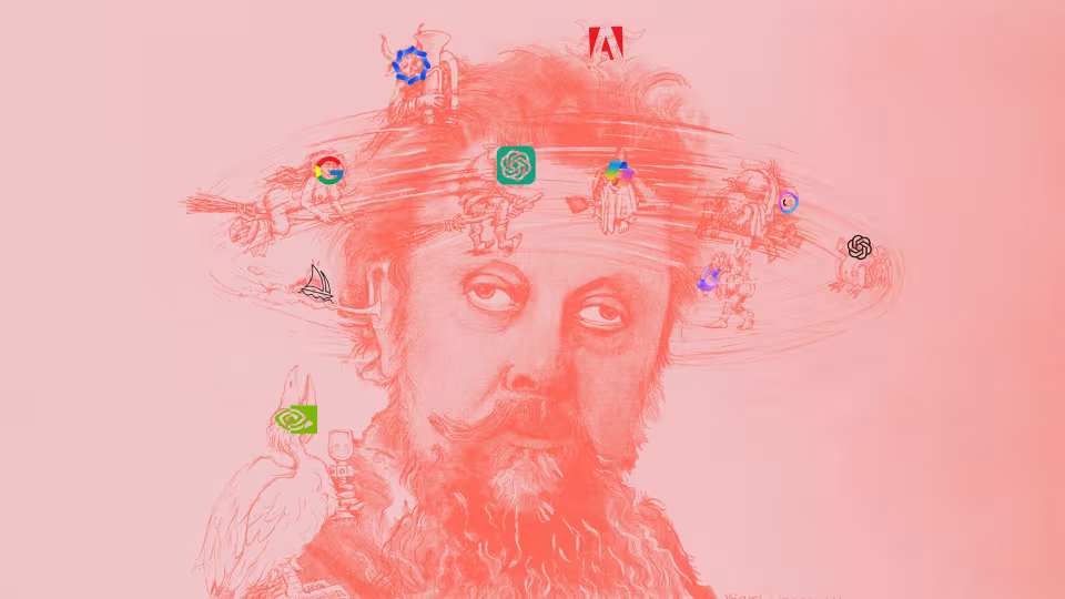 A red sketch of a bearded man with multiple corporate logos and fantastical figures. The sketch features logos for Google, Adobe, Nvidia, ChatGPT, and other tech companies.
