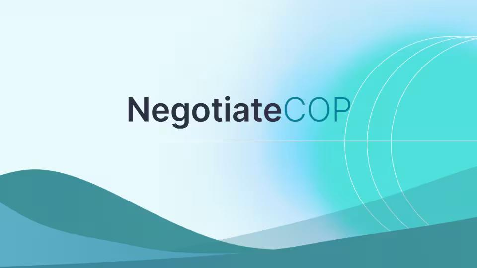 Graphic featuring the text "NegotiateCOP" on a light blue gradient background, with fine white circular lines and a vibrant teal sphere on the right, and layered blue and teal waves along the bottom.