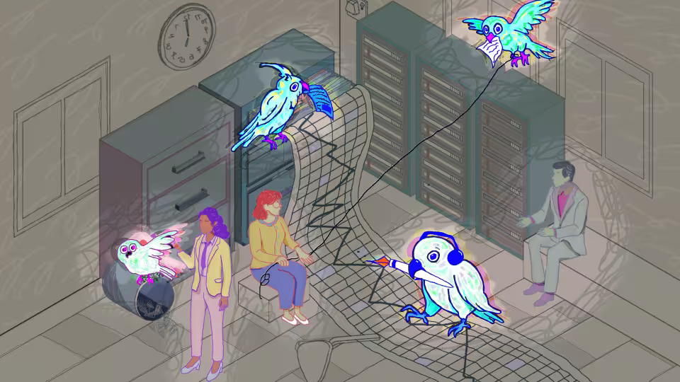 An isometric illustration of a chaotic office where three colorful, glowing birds interact with filing cabinets, server racks, and three people. One person holds a small owl with glowing wings, and one bird wears headphones and holds a large pencil.