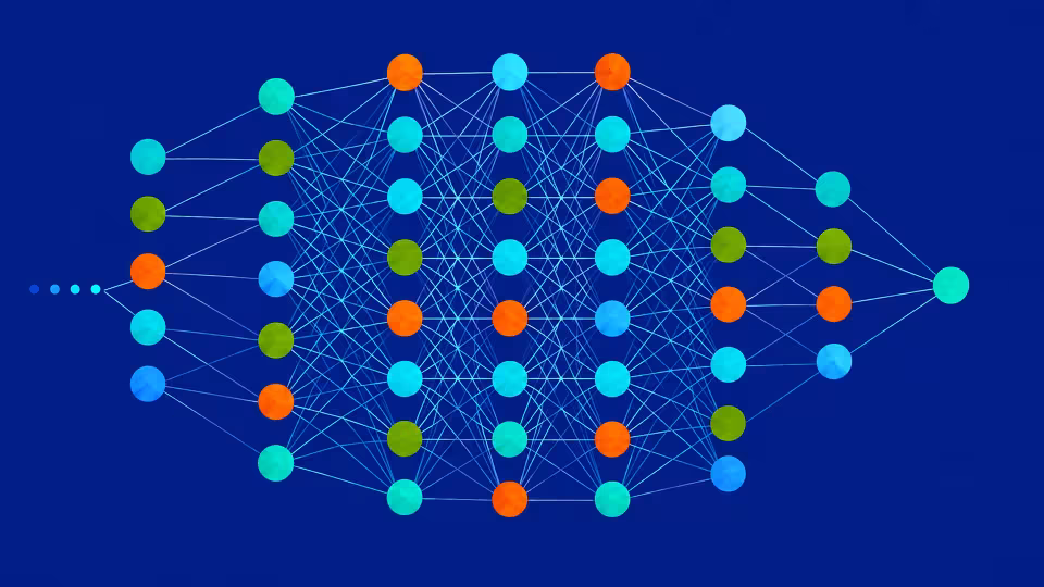 An abstract illustration of a deep neural network, with multiple connected layers of nodes in blue, green, and orange against a dark blue background. Four light-blue dots with a faint tail lead from the far left into the left-most column, representing input.