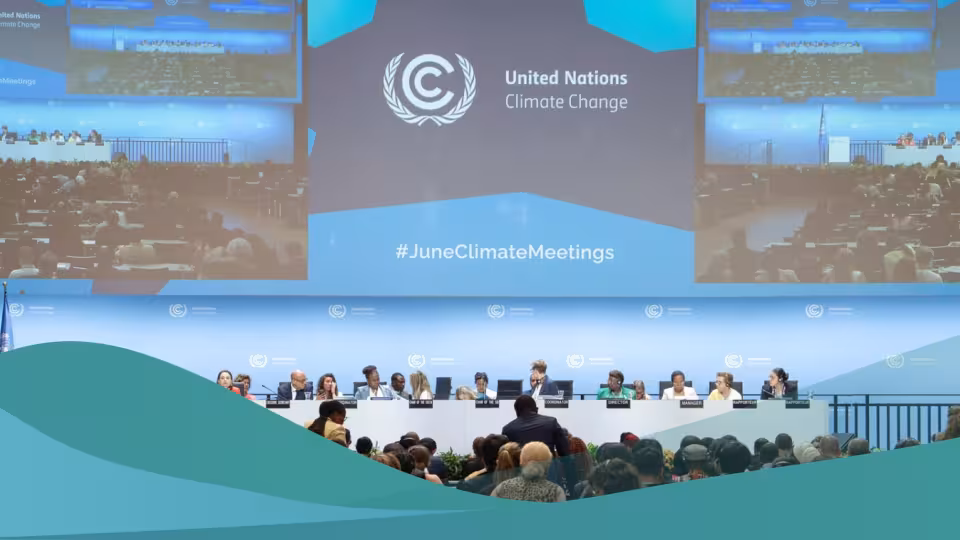 A large conference hall during a United Nations Climate Change meeting, with delegates seated at a raised dais on stage facing an audience. Above the stage, large displays show the UN Climate Change logo and the hashtag #JuneClimateMeetings. Teal wave graphics overlay the bottom of the image.