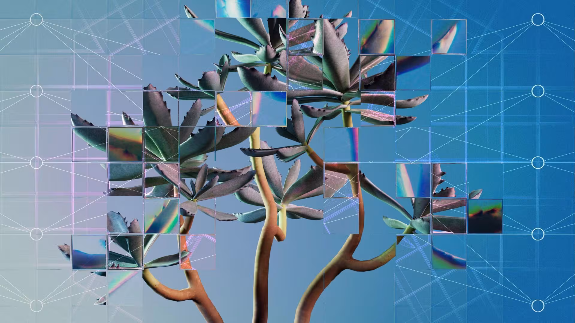 Fragmented succulent branches in tiled squares against blue, intersected by glowing grid lines suggesting digital ecosystems