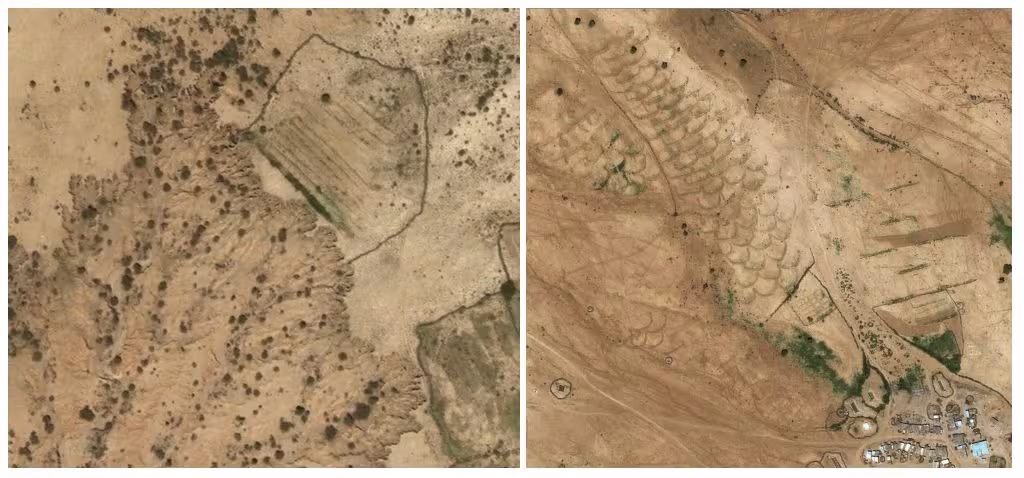 Examples of soil and water conservation techniques. On the left, there is a shrub barrier in the frontline with soil erosion to limit its crawling. On the right, half-moon techniques to reduce water run-off.