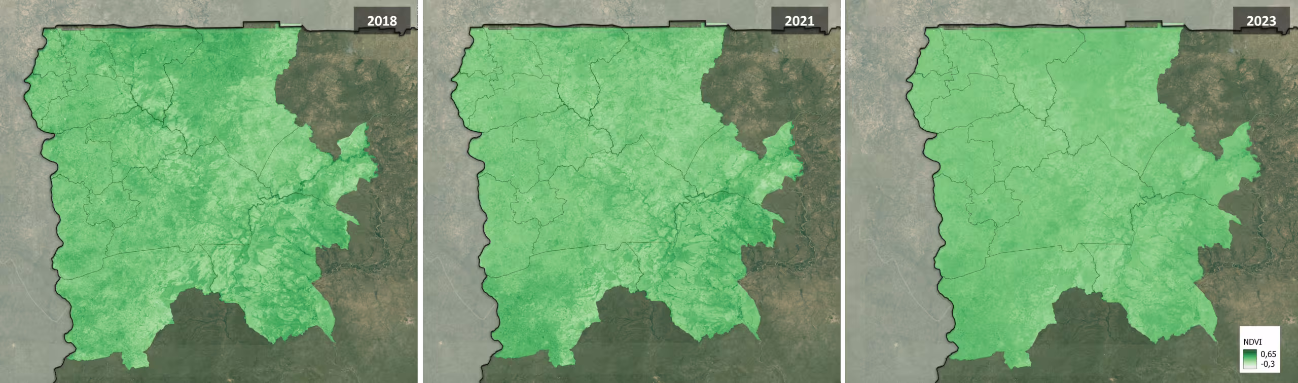 Figure 3: a) Maximum NDVI (in December) in Northern Ghana from 2018 to 2023