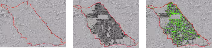 Three-panel map of Joya de los Sachas: bare county outline, cadastral farm boundaries, and cattle vaccination registers as green triangles