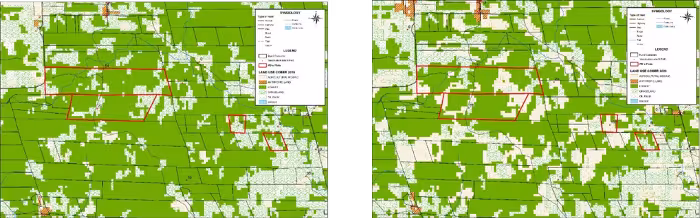 Two land-cover maps of the same area in 2015 and 2020; red outlines mark four farms whose land use changed