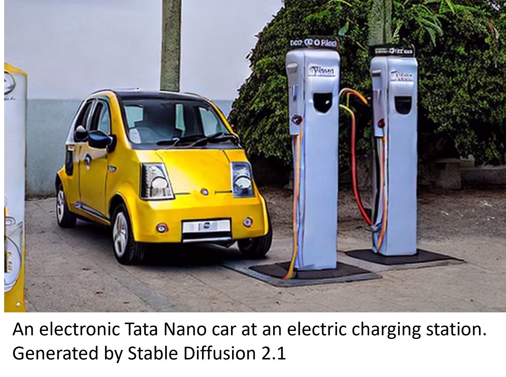 An electric Tata Nano car at a charging station. Generated by Stable Diffusion 2.1