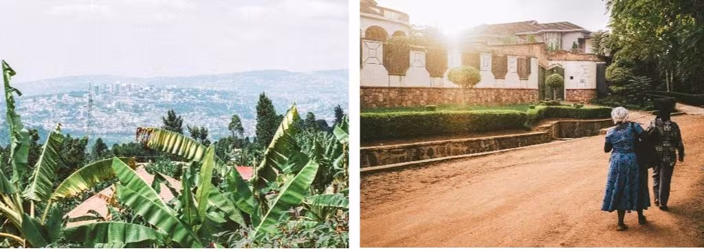 green hills with city in the background in the left. on the right two people walking an unpaved road