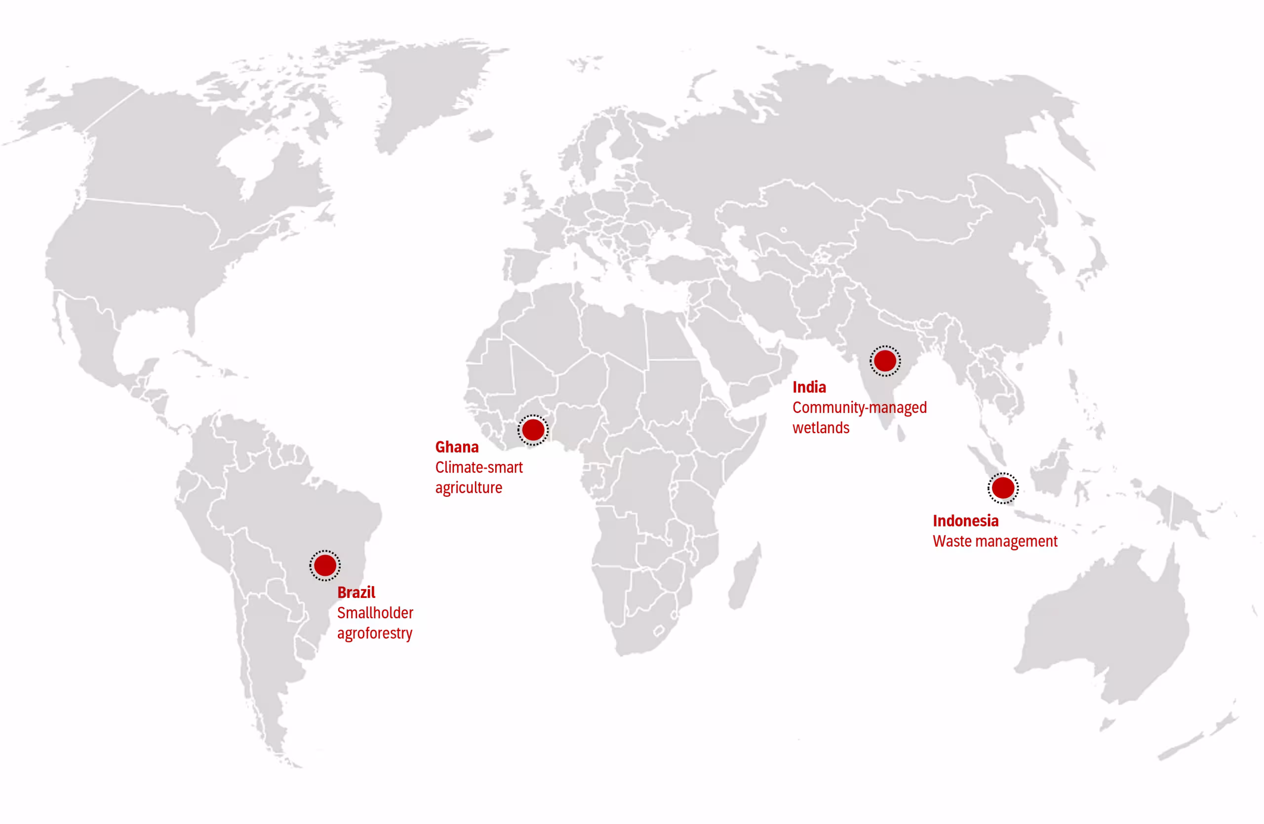 World map pointing out brazil, ghana, india and indonesia