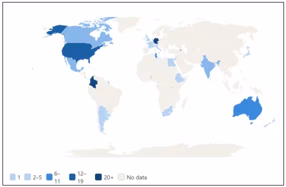 World map showing the geographic distribution of participants by country. Darker shades of blue indicate higher numbers, ranging from 1 to 20+ participants, while countries without data are shown in light grey.