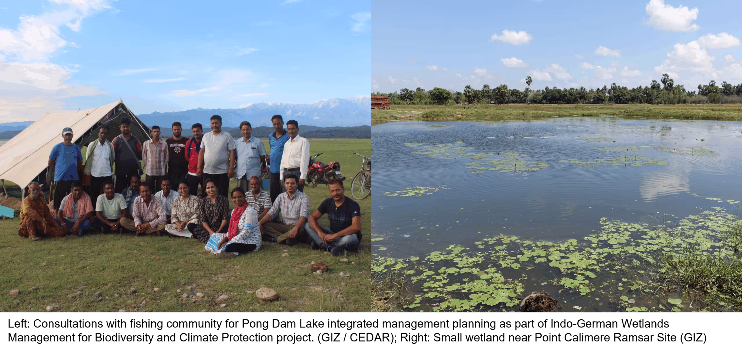 left: people posing in front of tent. right: wetlands